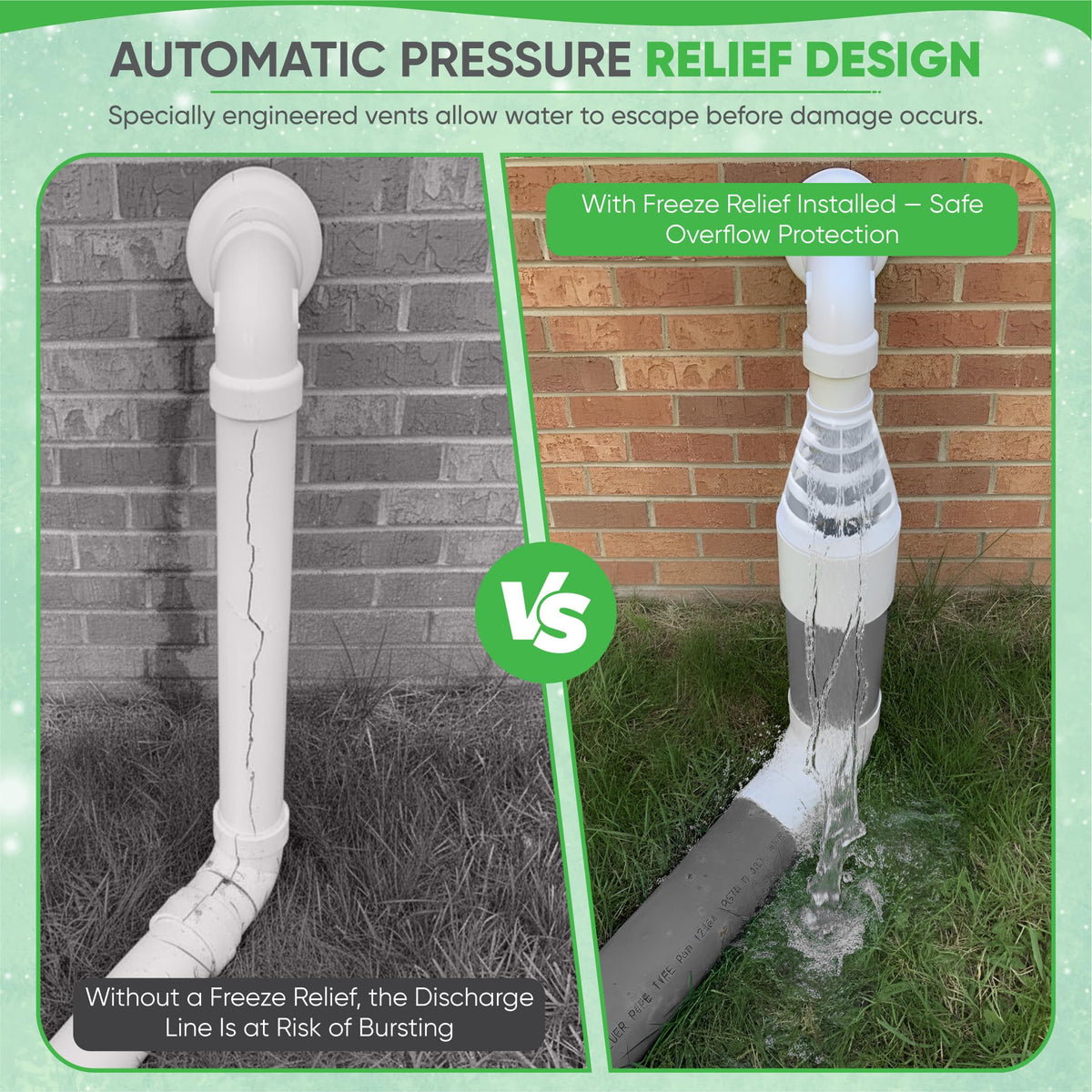 PumpSpy Freeze Drain bottom 4-inch connection supports flexible discharge layouts