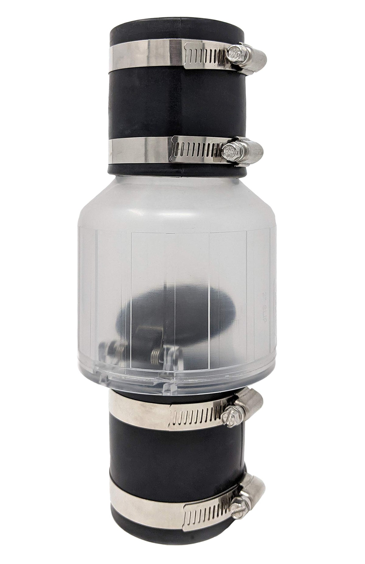 PumpSpy Silent Check Valve with clear body shows water flow for quick system verification.