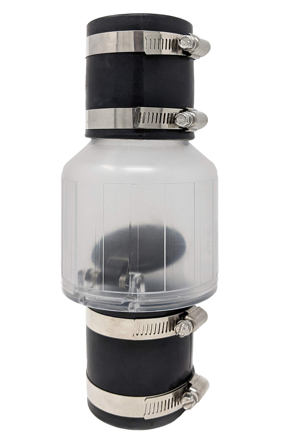 PumpSpy Silent Check Valve with clear body shows water flow for quick system verification.