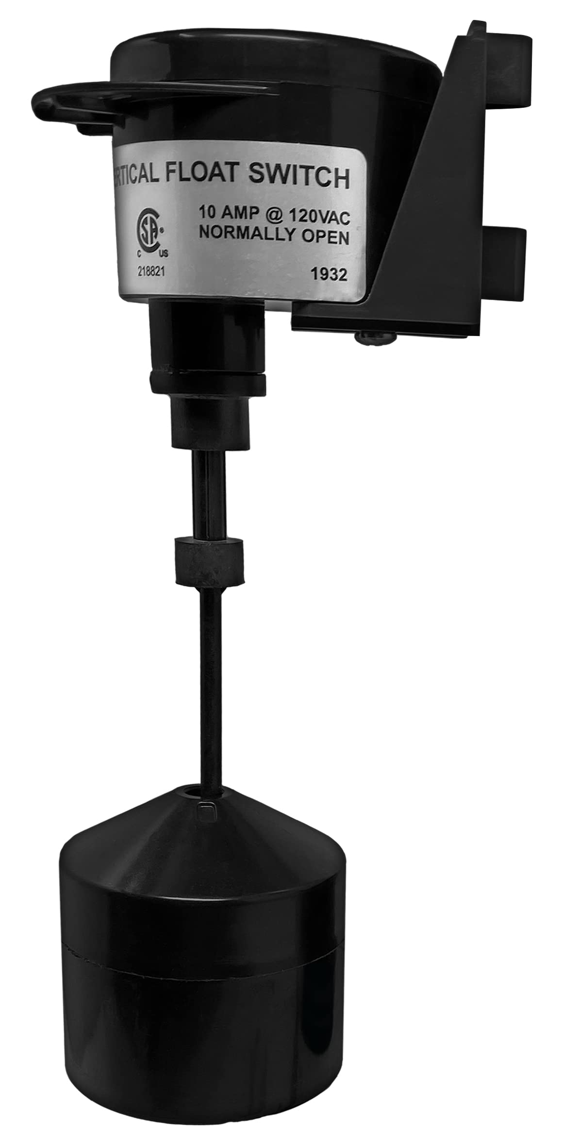 PumpSpy vertical float switch on a discharge pipe enabling hands-free sump drainage.