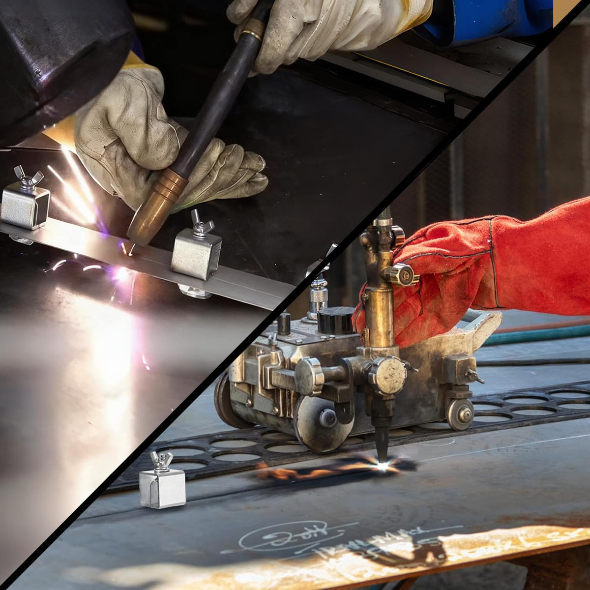 Pumtus auto body panel clamps aligned for precise patch work.