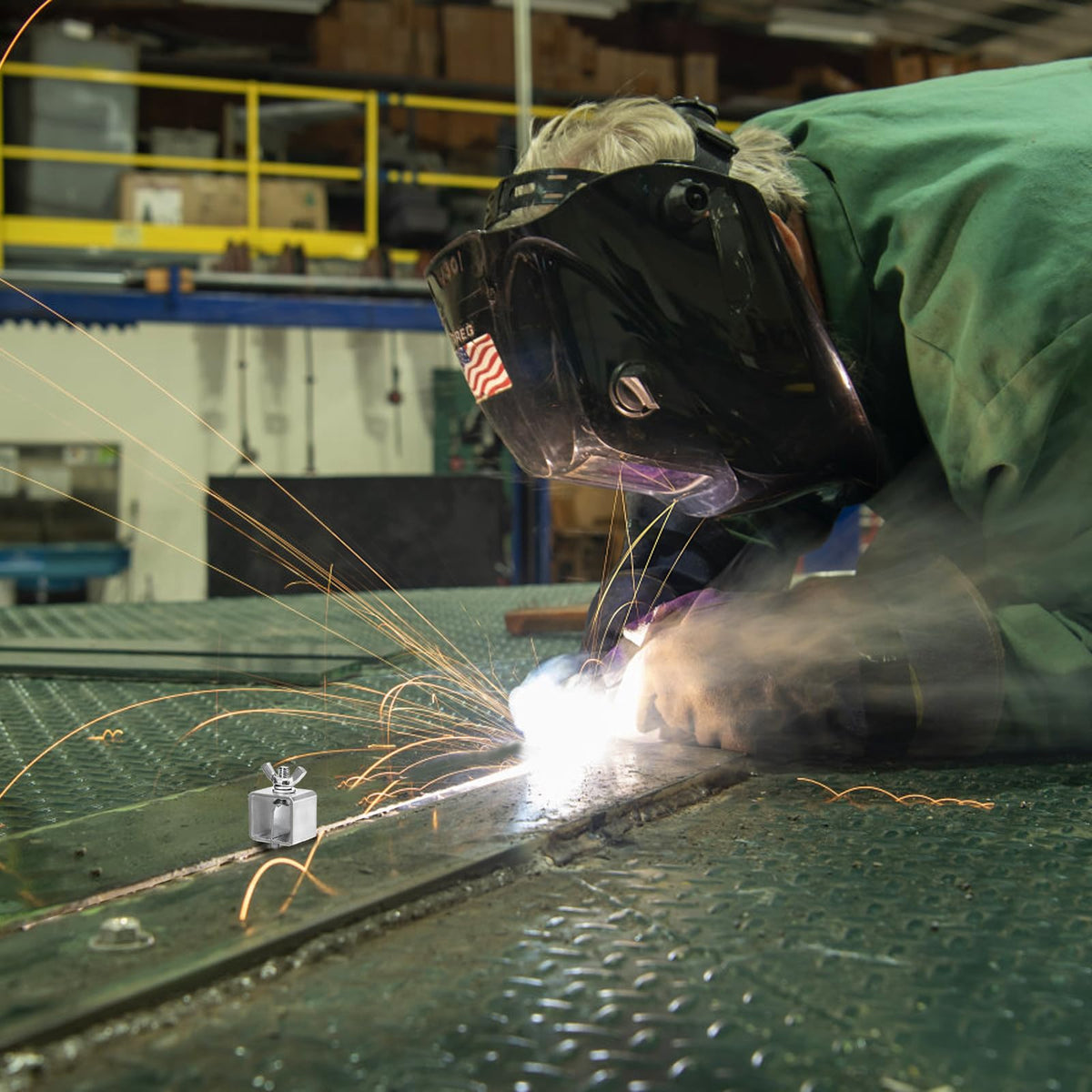 Pumtus welding clamps assist patch repairs on floors and doors.