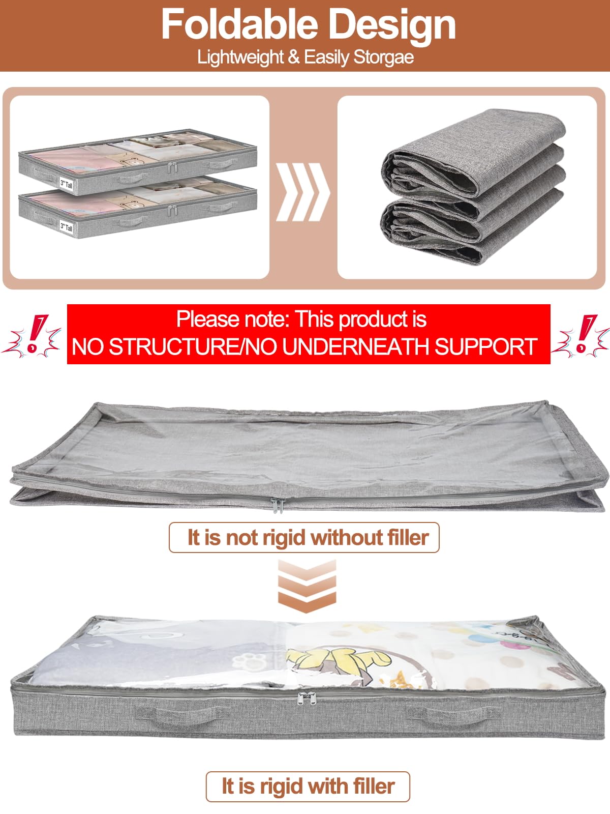 Punemi under-bed storage bin side view showing soft flexible sides.
