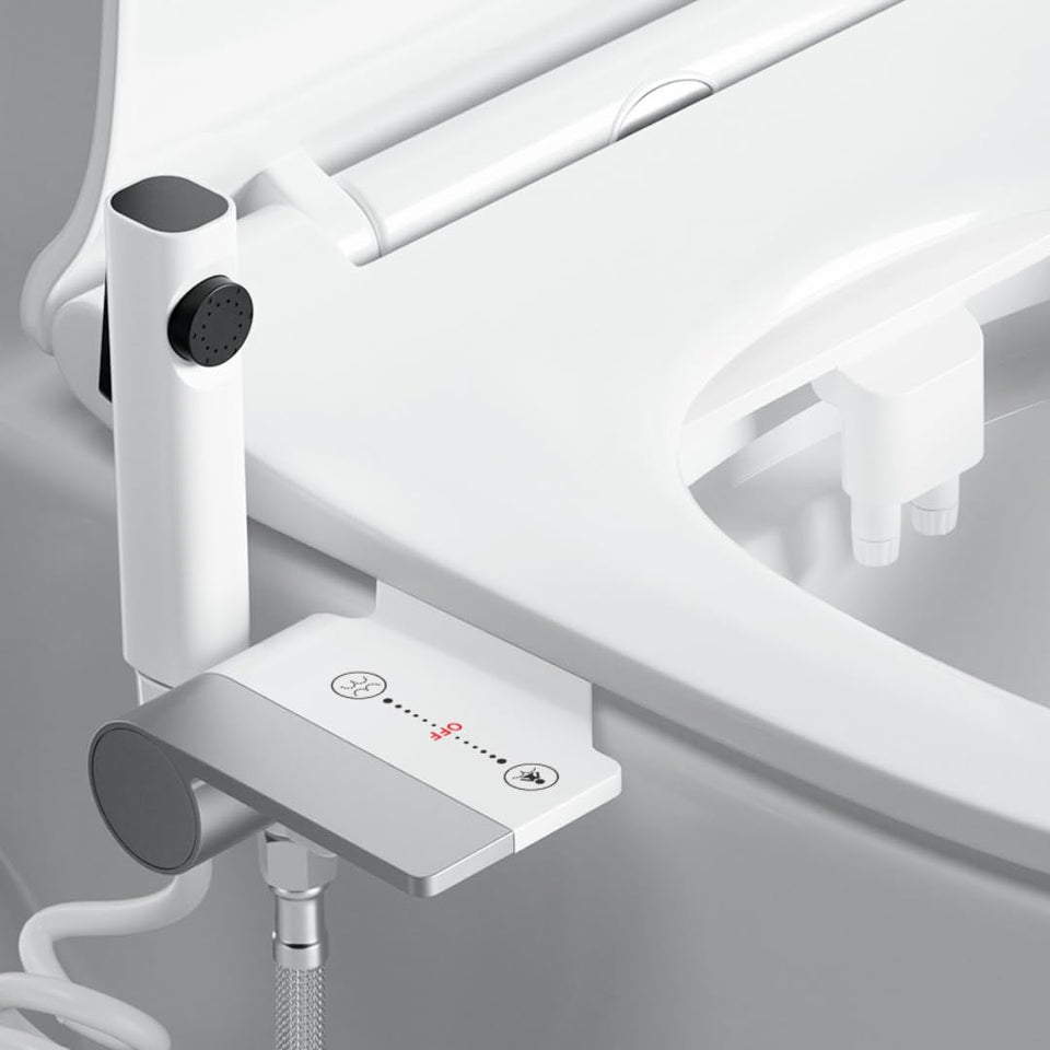 Puobao 3-in-1 bidet attachment with dual nozzles for targeted feminine and rear wash.