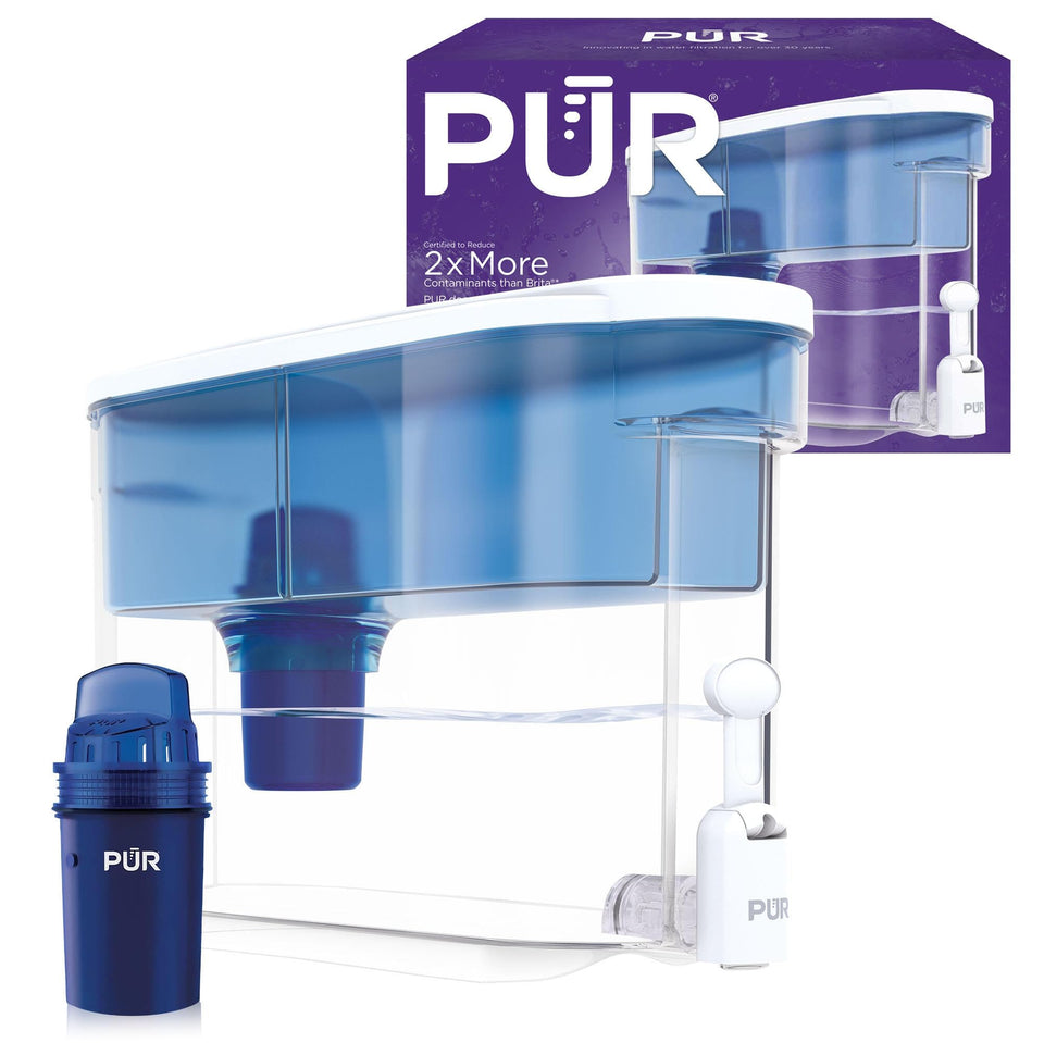 PUR 30-Cup dispenser front view shows slim fridge-ready footprint