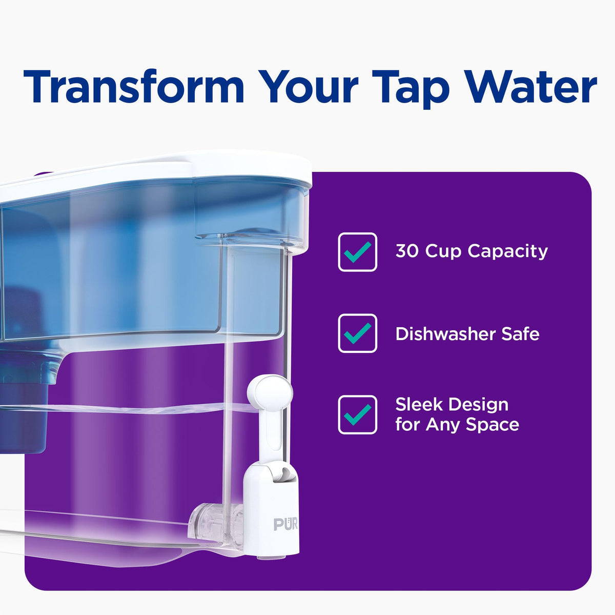 PUR 30-Cup dispenser pull-down spout for easy pouring during filtration