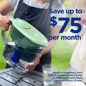 PUR Plus 11-Cup Water Pitcher shown in fridge, ideal for small kitchens and dorm spaces.