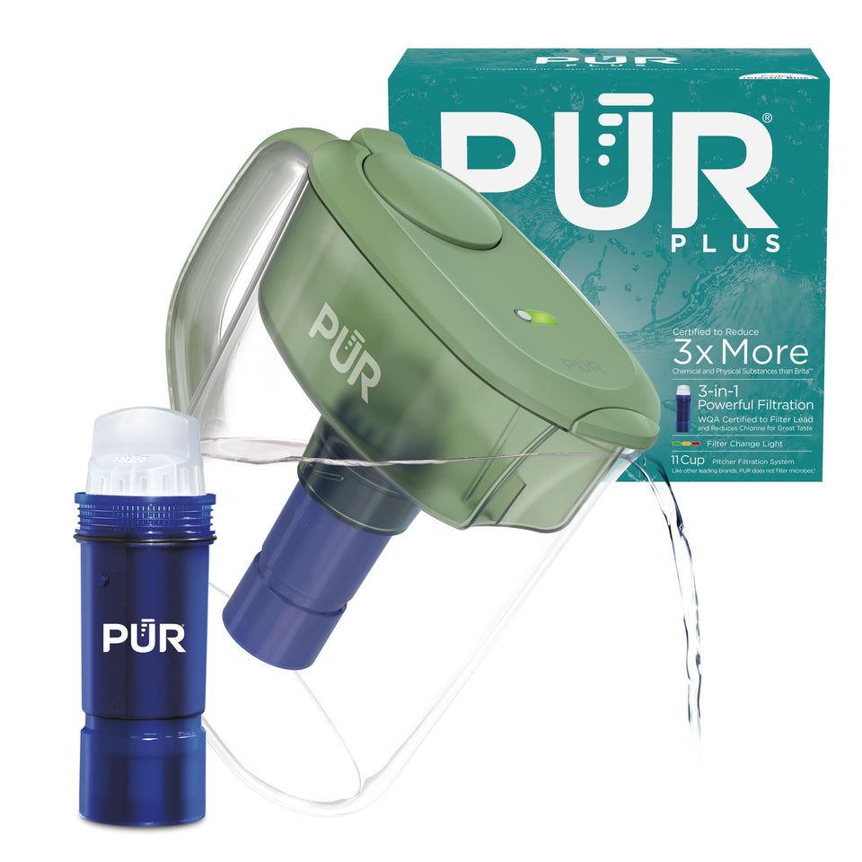 PUR Plus 11-Cup Water Pitcher front view highlights compact, fridge-ready design for daily filtration.