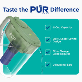 PUR Plus 11-Cup Pitcher with lid open demonstrates easy-fill access for quick refills.