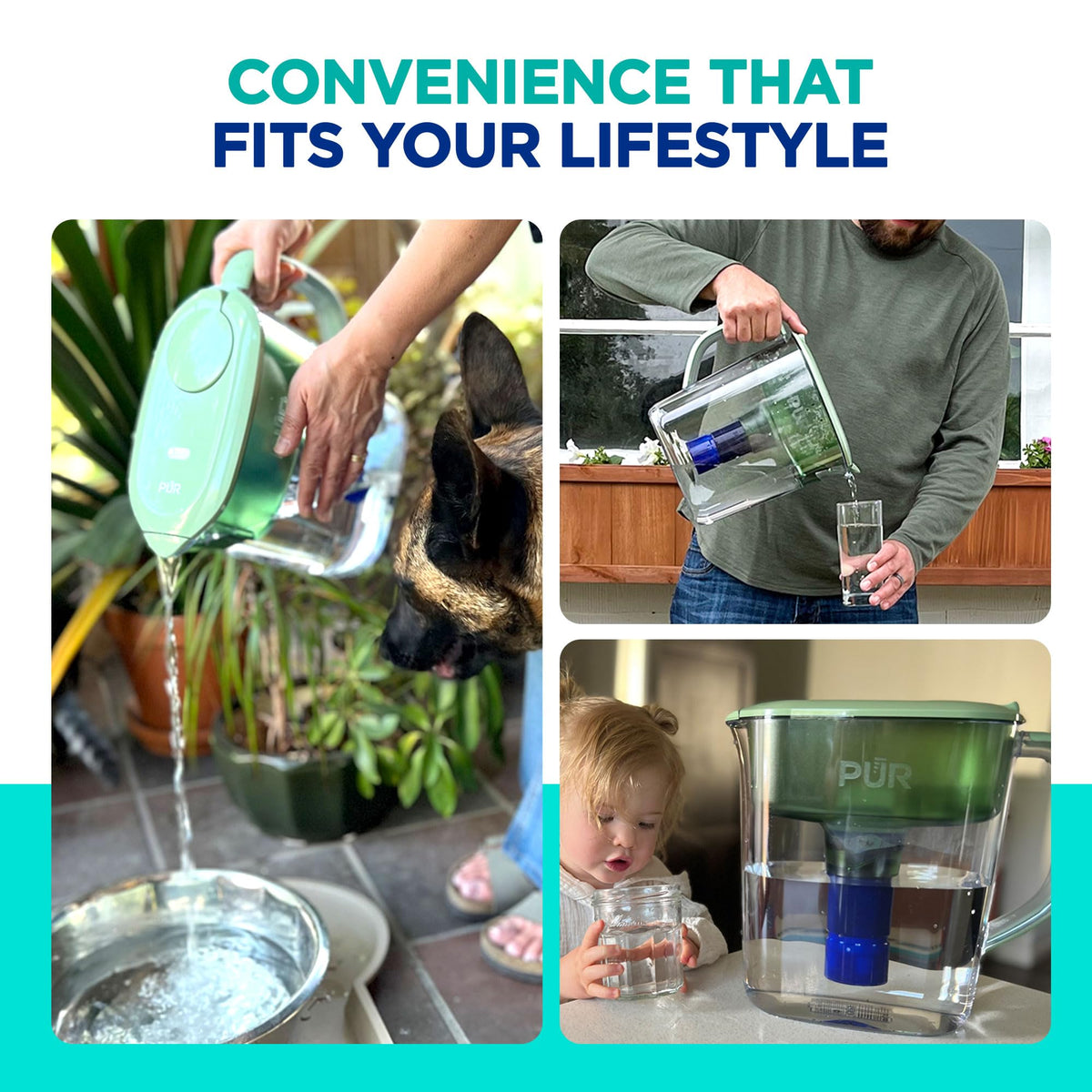 PUR Plus 11-Cup Water Pitcher in sage color emphasizes stylish, space-saving hydration.