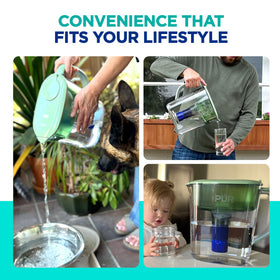 PUR Plus 11-Cup Water Pitcher in sage color emphasizes stylish, space-saving hydration.