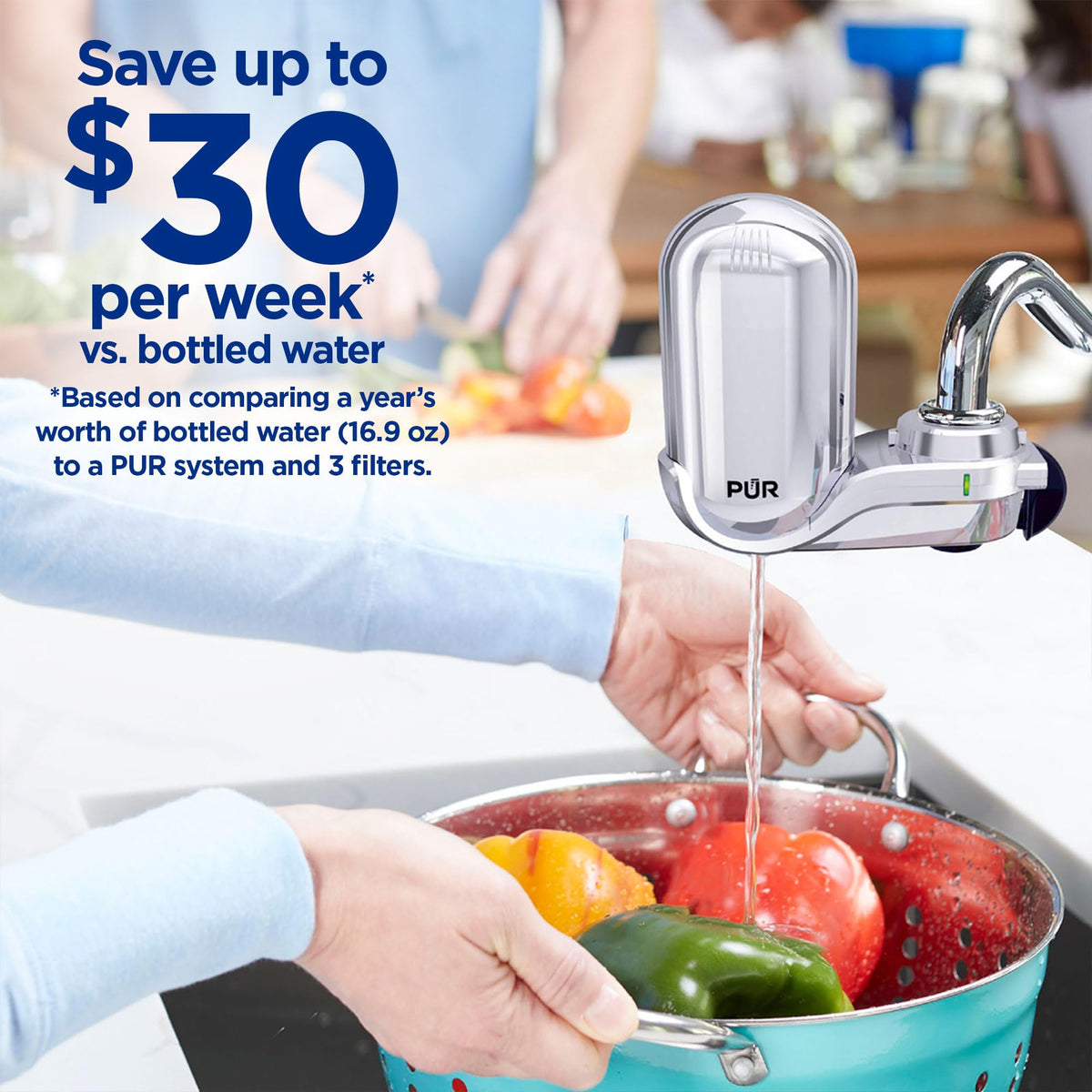 PUR Plus 3-stage filtration reduces chlorine and contaminants for better flavor.