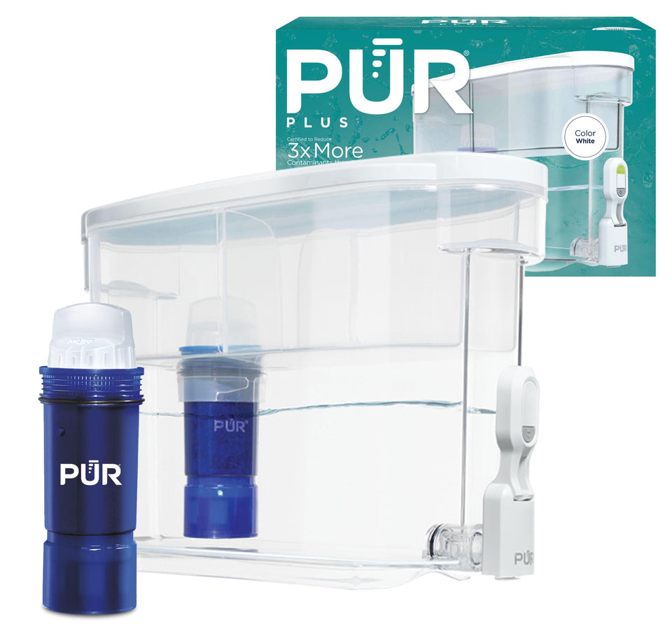 PUR Plus 30-cup dispenser front view shows compact fridge fit