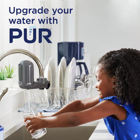 PUR Plus bottled-water-savings example shows cost and waste reduction when switching to faucet filtration.