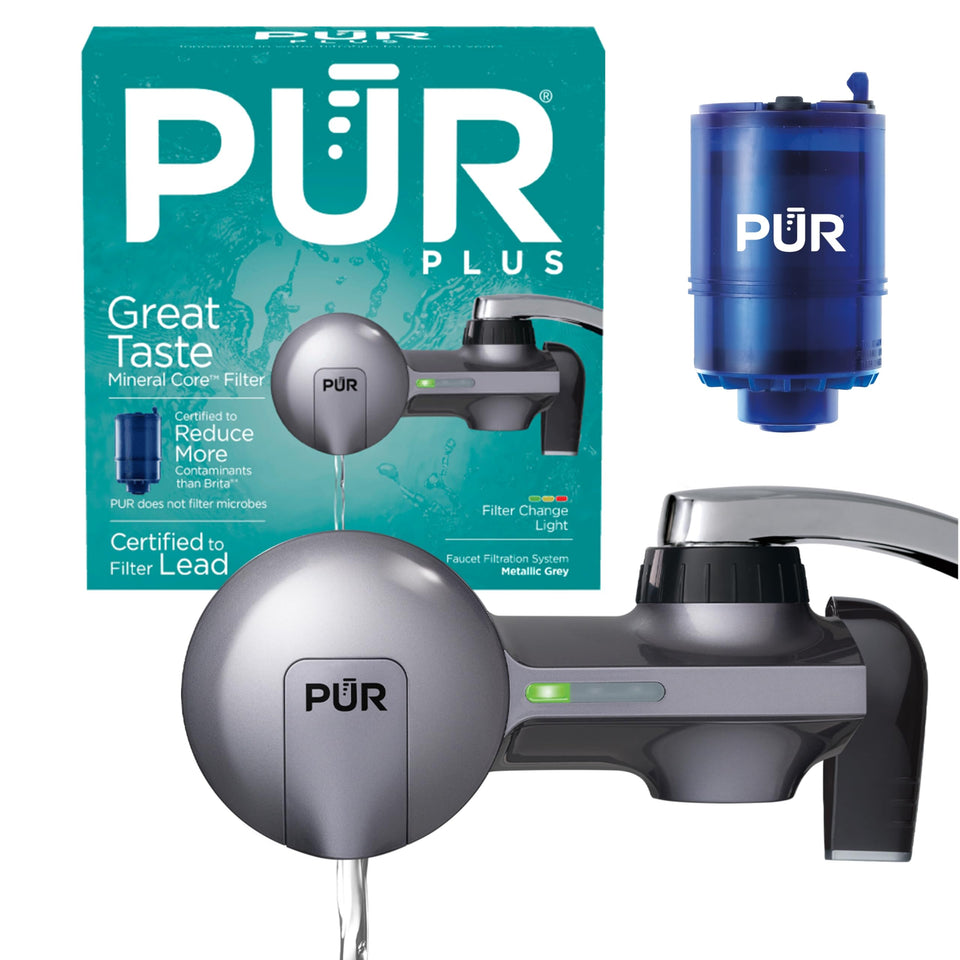 PUR Plus horizontal faucet mount assembly showing easy tool-free installation for clean water