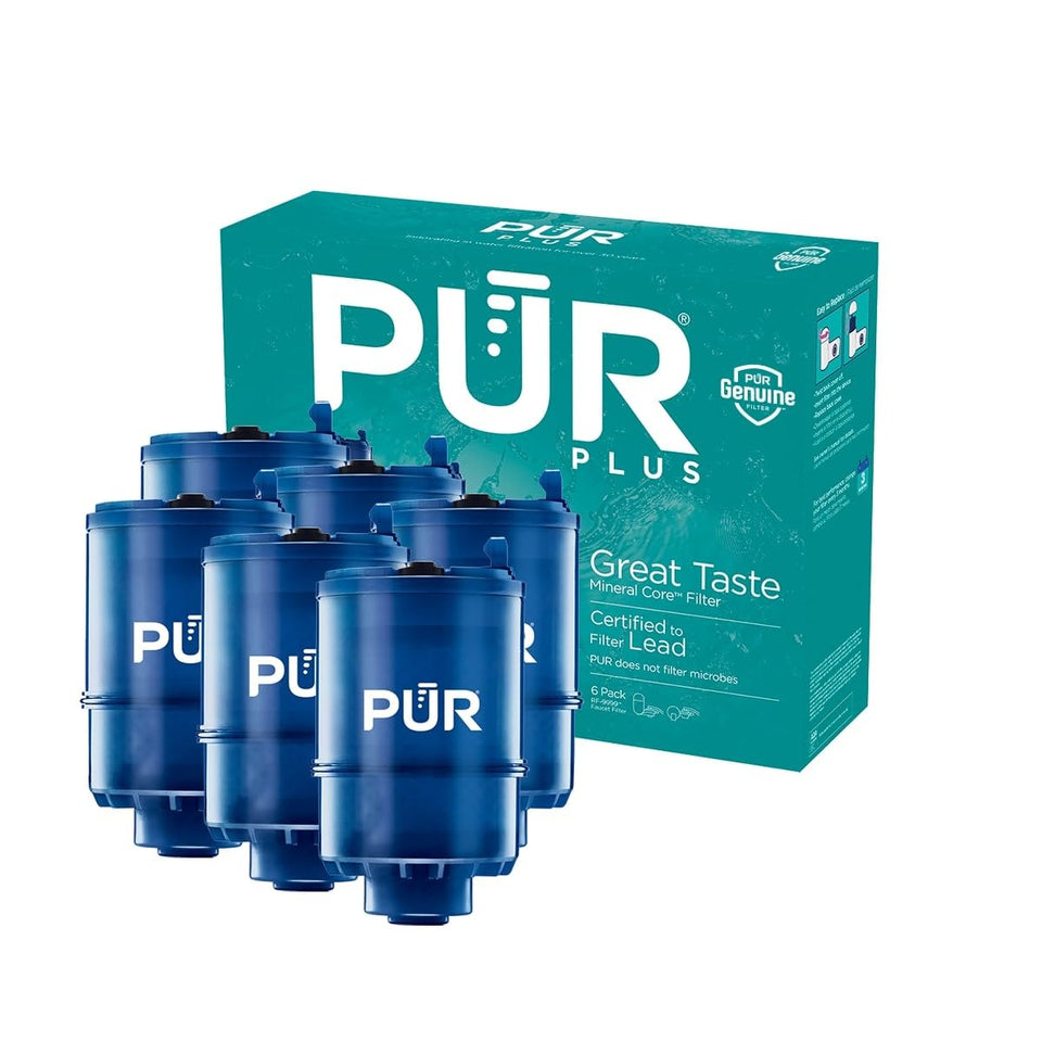 PUR Plus MineralCore six-pack front view for convenient replacement supply.