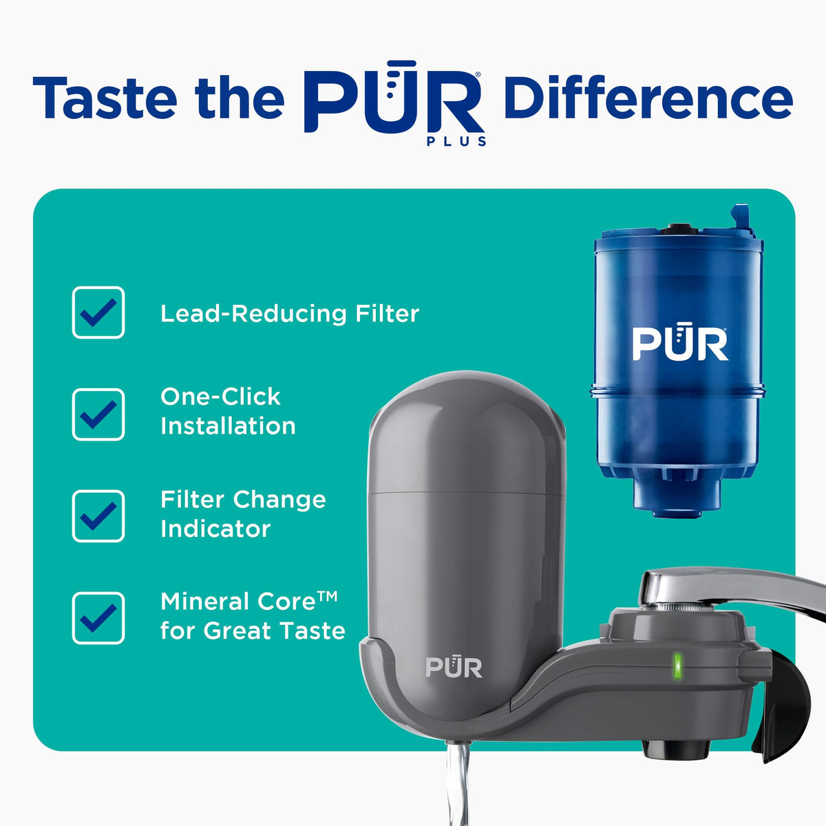 PUR Plus on-off lever close-up shows convenient switch between filtered and unfiltered water.