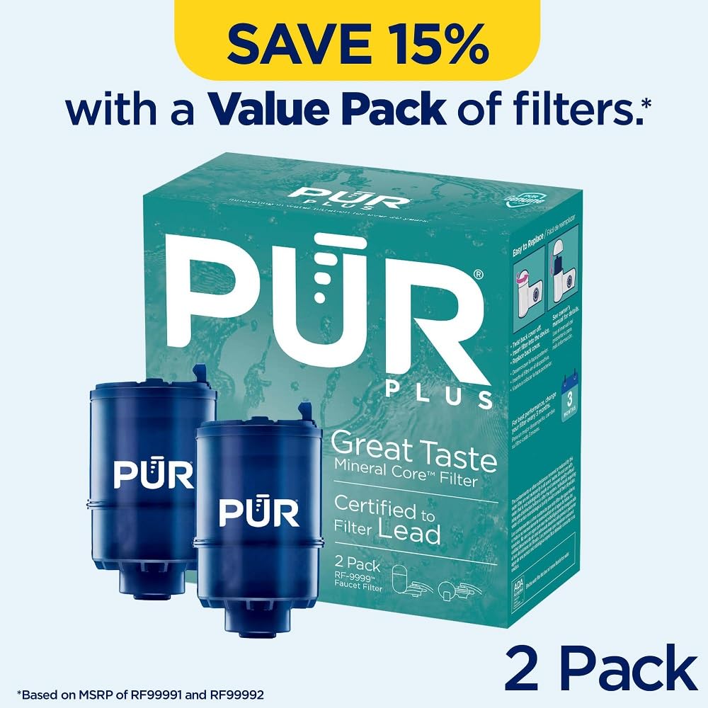 PUR Plus replacement cartridge close-up showing 14-layer filtration.