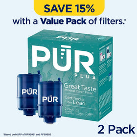 PUR Plus replacement cartridge close-up showing 14-layer filtration.