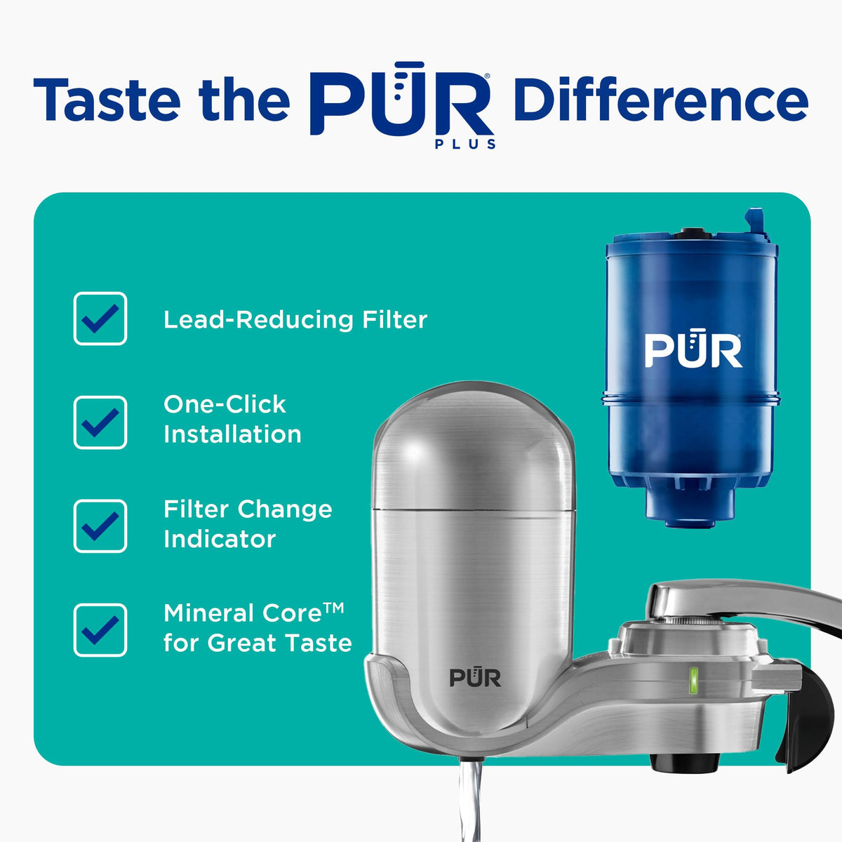 Stainless steel finish faucet filter by PUR Plus enhances modern kitchen aesthetics while filtering.