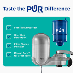 Stainless steel finish faucet filter by PUR Plus enhances modern kitchen aesthetics while filtering.