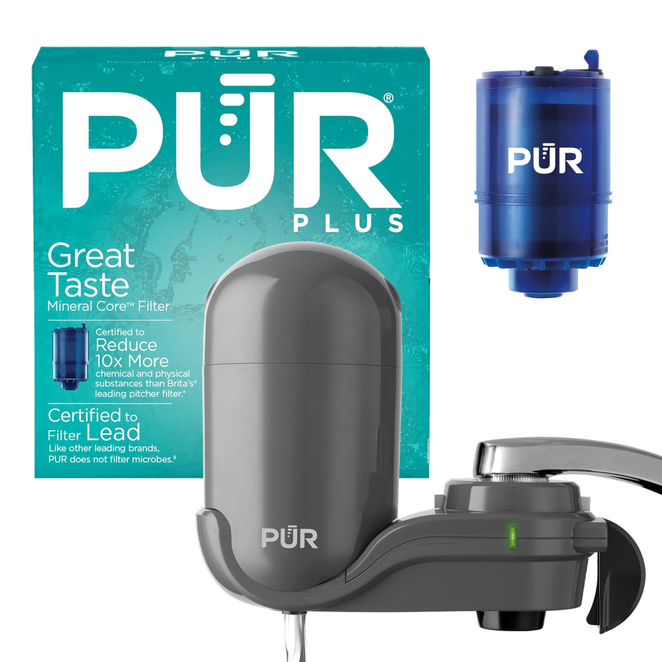 PUR Plus vertical faucet mount installation demonstrates easy setup for clean, filtered water at home.