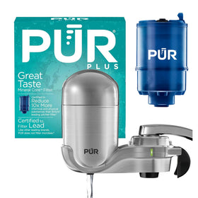 PUR Plus vertical faucet mount water filter on kitchen faucet for cleaner-tasting water.