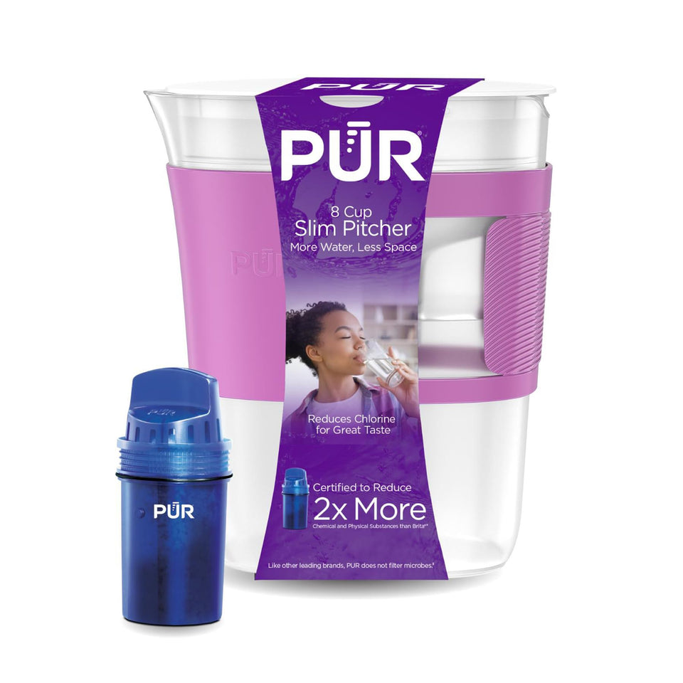 PUR Slim water pitcher front view highlights compact 8-cup capacity for small spaces.