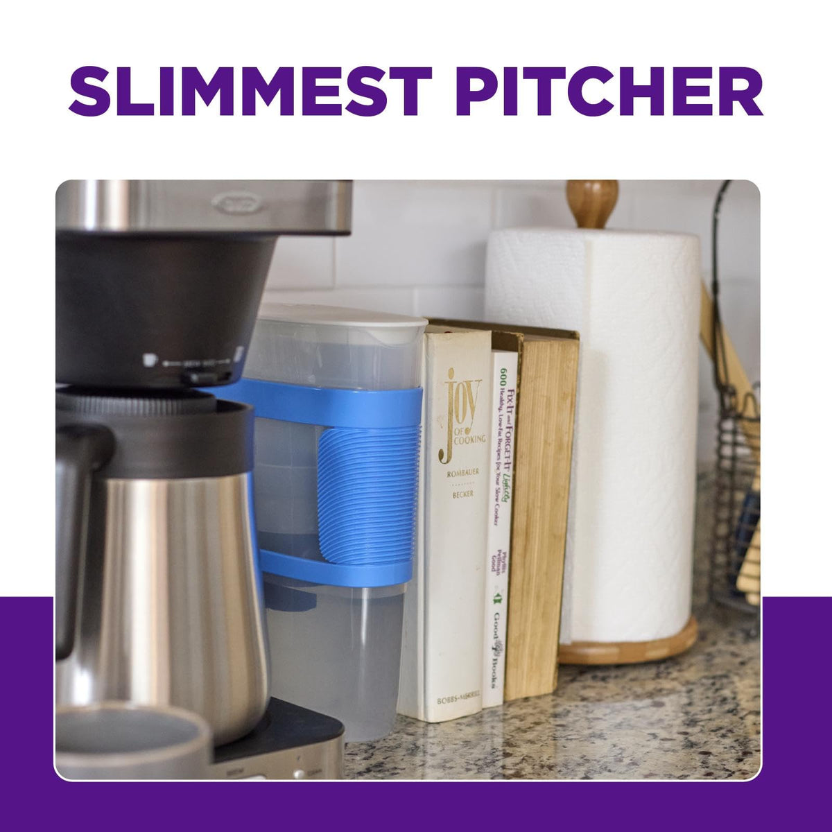 PUR Slim Water Pitcher mini fridge fit slides into tight fridge doors.