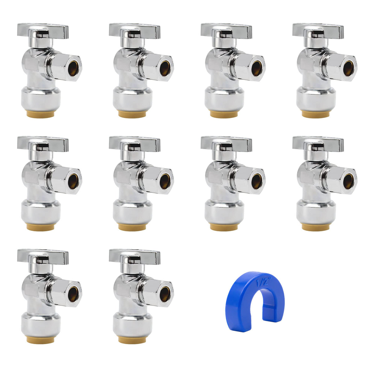 Purageir pushfit angle stop valve with 12x38 thread enables quick no-solder installation on copper lines.