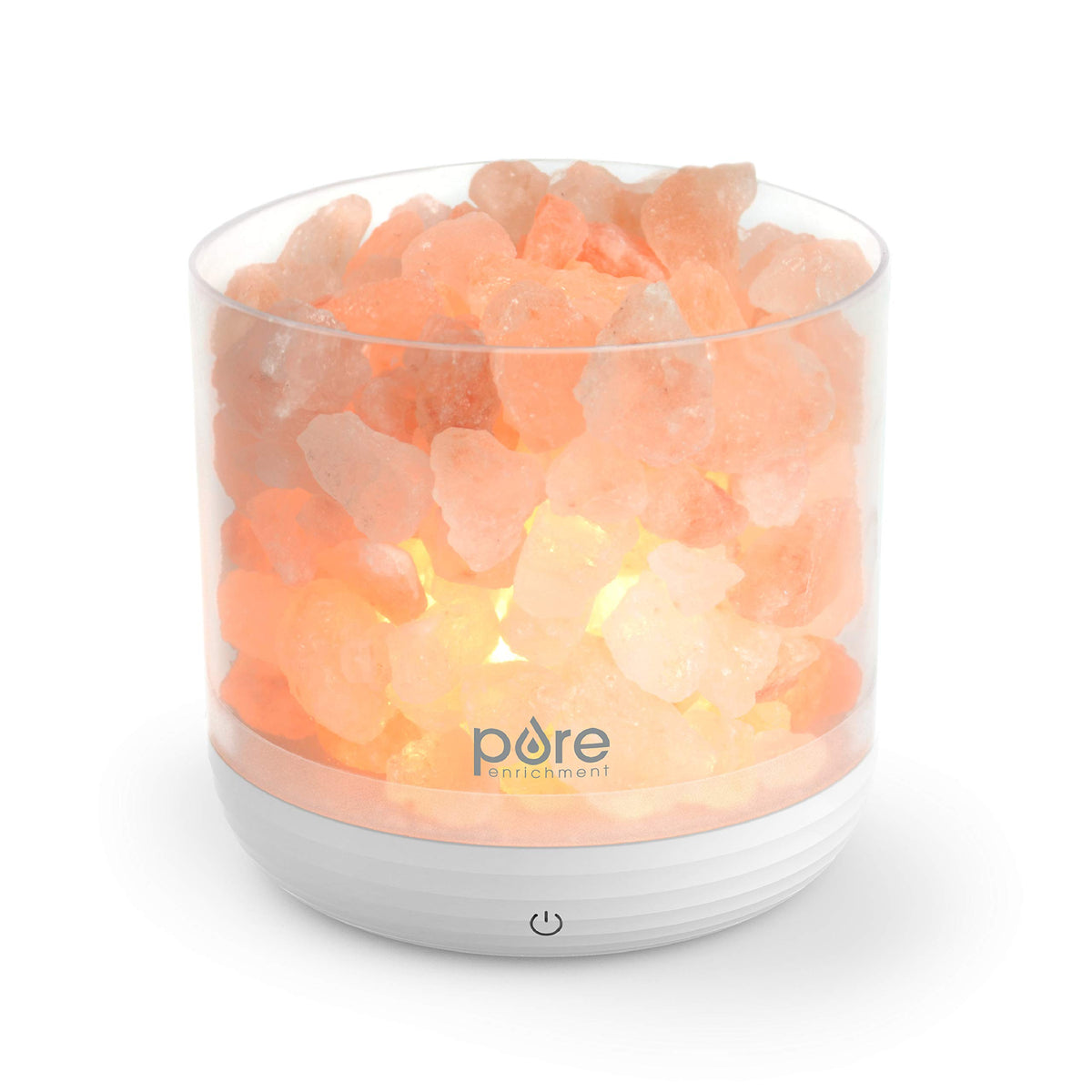 Pure Enrichment PureGlow pink salt lamp glows softly for ambient lighting.
