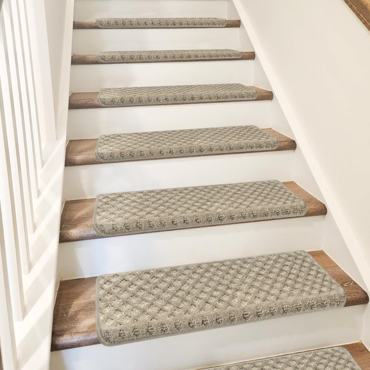 Installation step of PURE ERA stair treads on wooden stairs