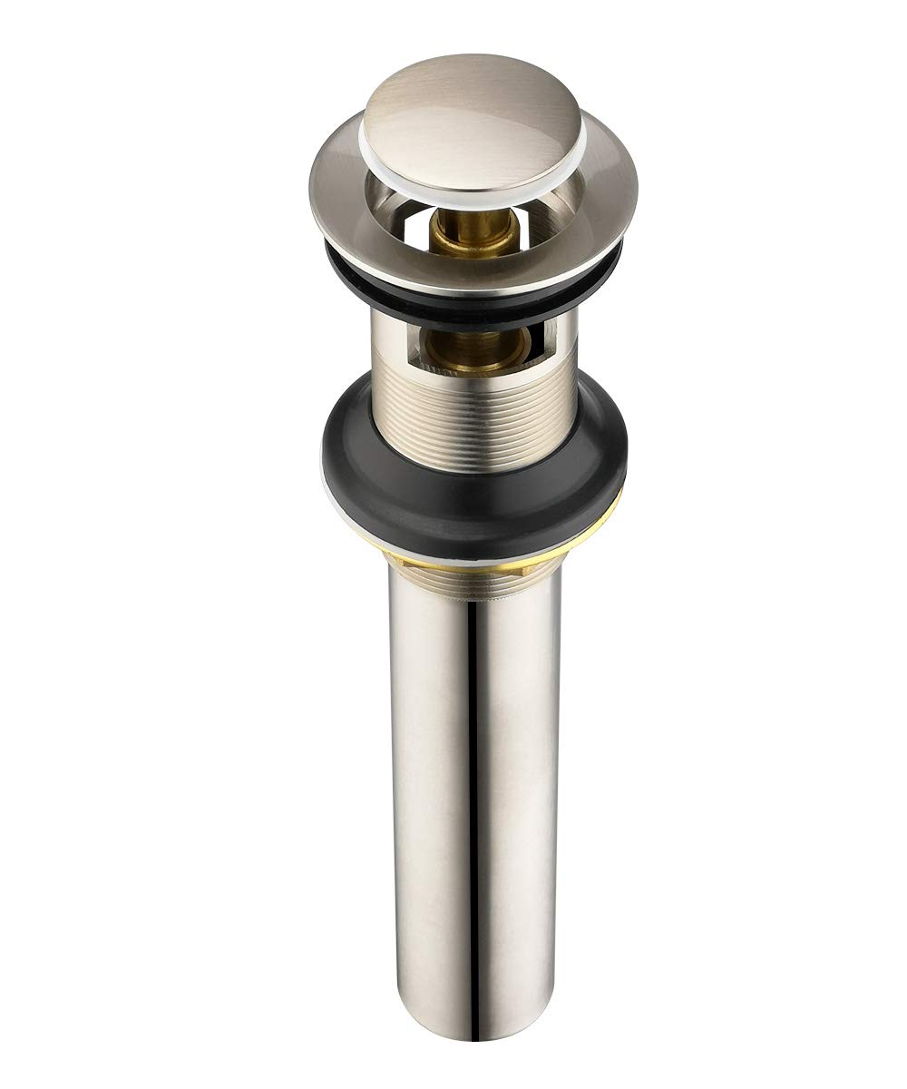 Purelux drain stopper in brushed nickel seals smoothly for a clean bathroom look.