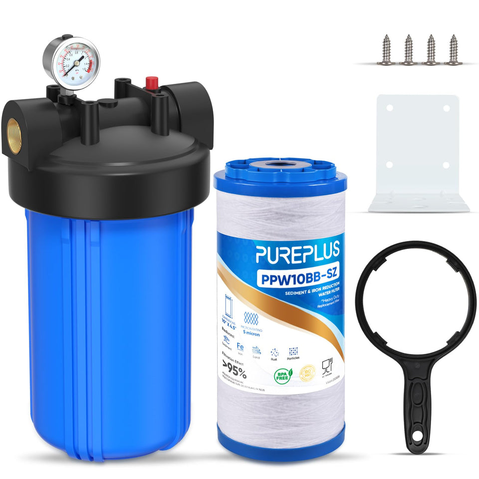 PUREPLUS 1-Stage whole house filter front view demonstrates compact filtration for a home