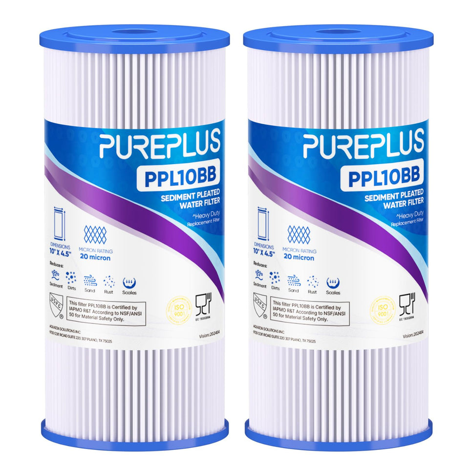 PUREPLUS 20-micron filter close-up showing the pleated sediment layer for clarity.