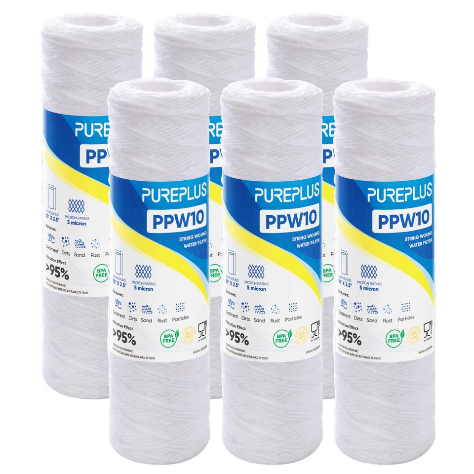 PUREPLUS 5-micron filter cartridge showing dense media for sediment reduction.