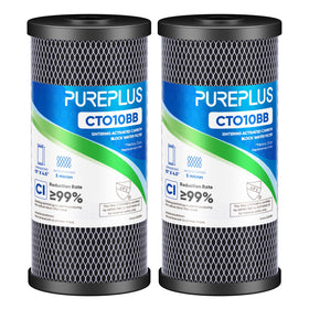PUREPLUS 5-micron 10x4.5 carbon filter package enhances whole-home filtration.