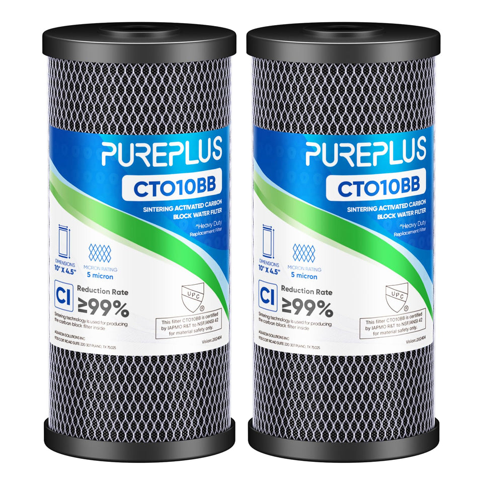 PUREPLUS 5-micron 10x4.5 carbon filter package enhances whole-home filtration.