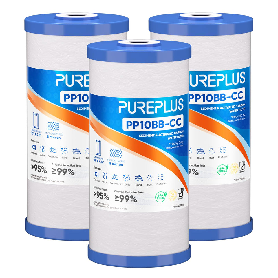 PUREPLUS 5-micron 10x4.5-in filter core showing precise filtration and contaminant reduction.