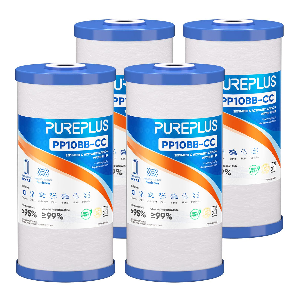 PurePlus 5-micron sediment-carbon cartridge reduces sediment and chlorine for clearer water.