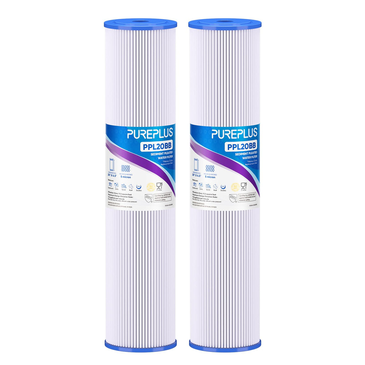 PurePlus 5 micron sediment filter shows pleated design capturing sediment