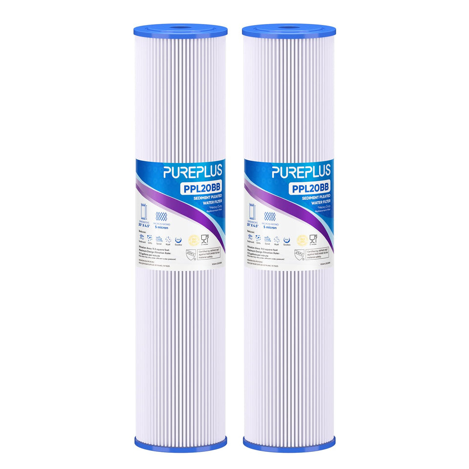 PurePlus 5 micron sediment filter shows pleated design capturing sediment