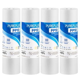 PUREPLUS 5-micron sediment filter installed in a 10x2.5-inch housing for cleaner water.