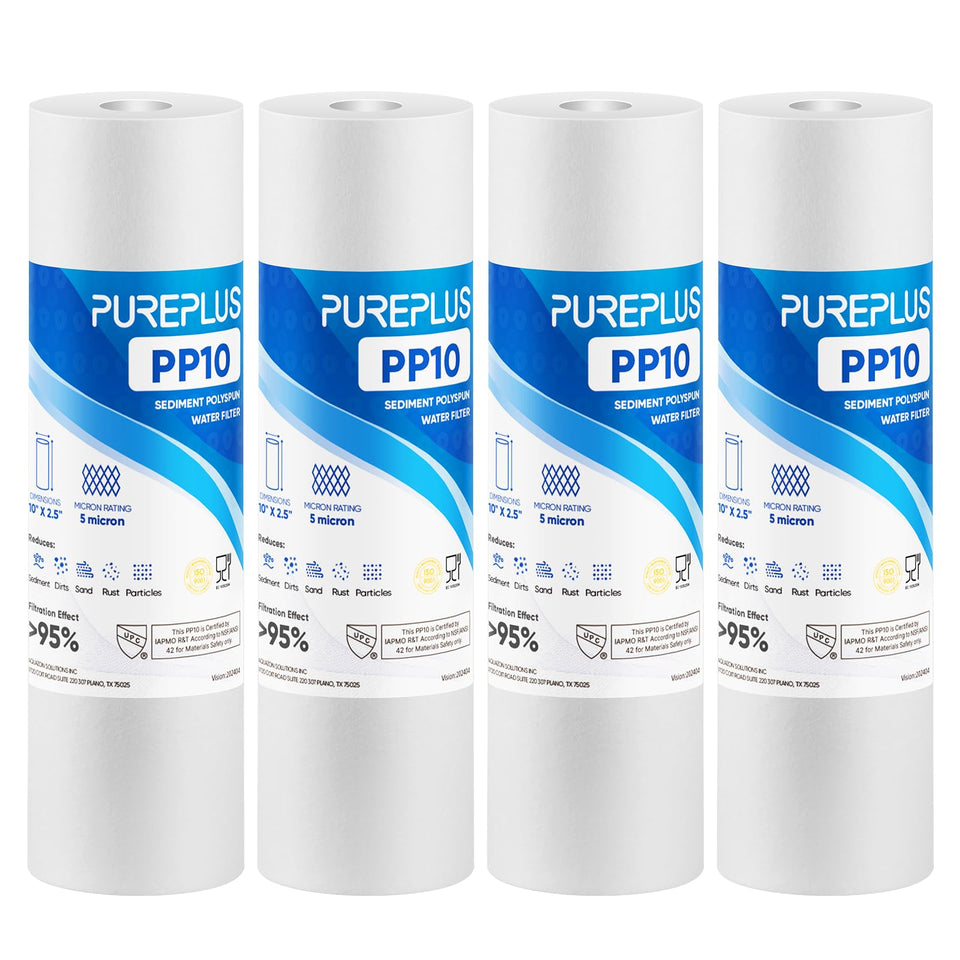 PUREPLUS 5-micron sediment filter installed in a 10x2.5-inch housing for cleaner water.