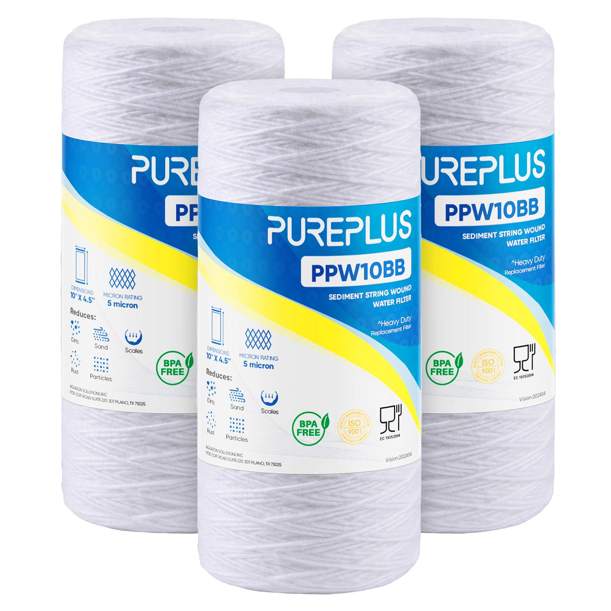 PUREPLUS 5-micron sediment filter for well water shows compact 10x4-5 cartridge