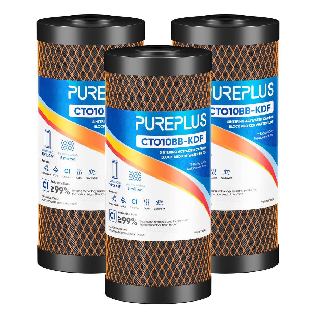 PUREPLUS carbon and KDF media inside the 10in filter showing filtration layers and design.