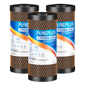 PUREPLUS carbon and KDF media inside the 10in filter showing filtration layers and design.
