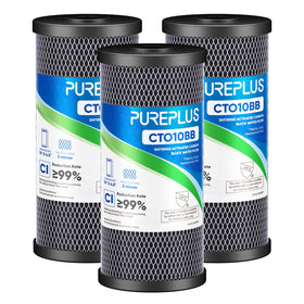 PurePlus coconut-shell filter assembly ready for 10x4.5-inch housing, helping reduce chlorine and sediments.