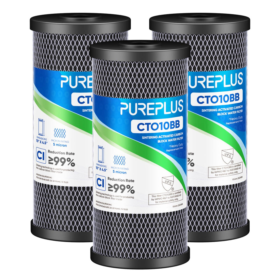 PurePlus coconut-shell filter assembly ready for 10x4.5-inch housing, helping reduce chlorine and sediments.