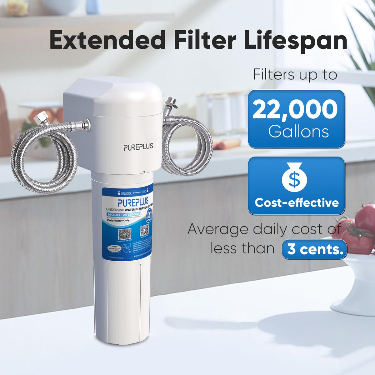 PurePlus NSF 42 certified filter demonstrates reliable chlorine and odor reduction.